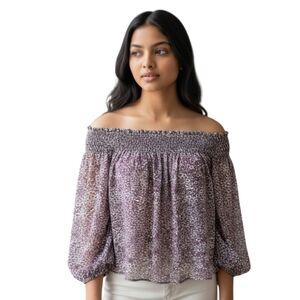 Ann Taylor LOFT Peasant Top Purple Floral Off Shoulder 3/4 Sleeve Shirt XS